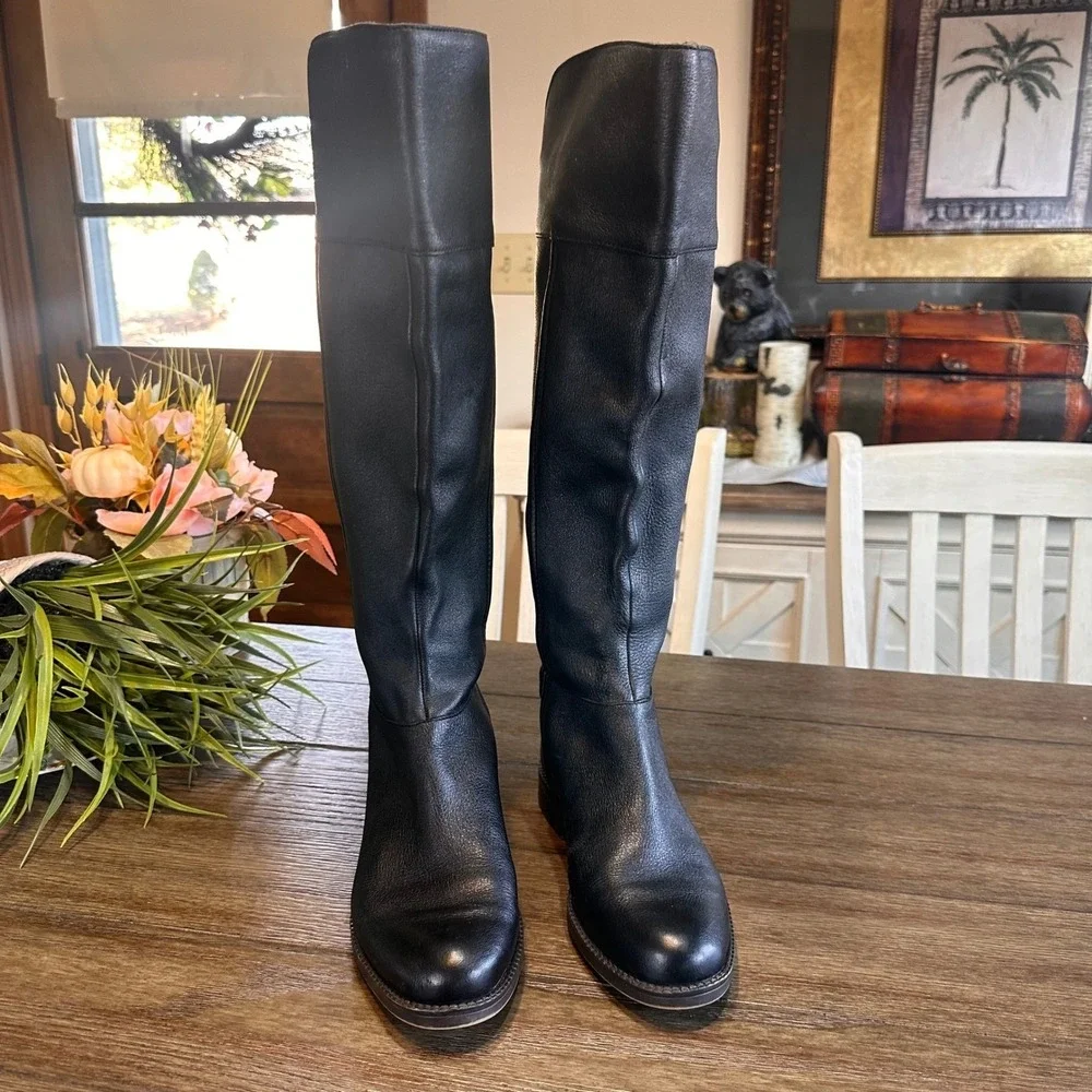 Franco‎ Sarto Black Leather Riding Tall Boots Zip Buckle Block Heel Womens 5.5